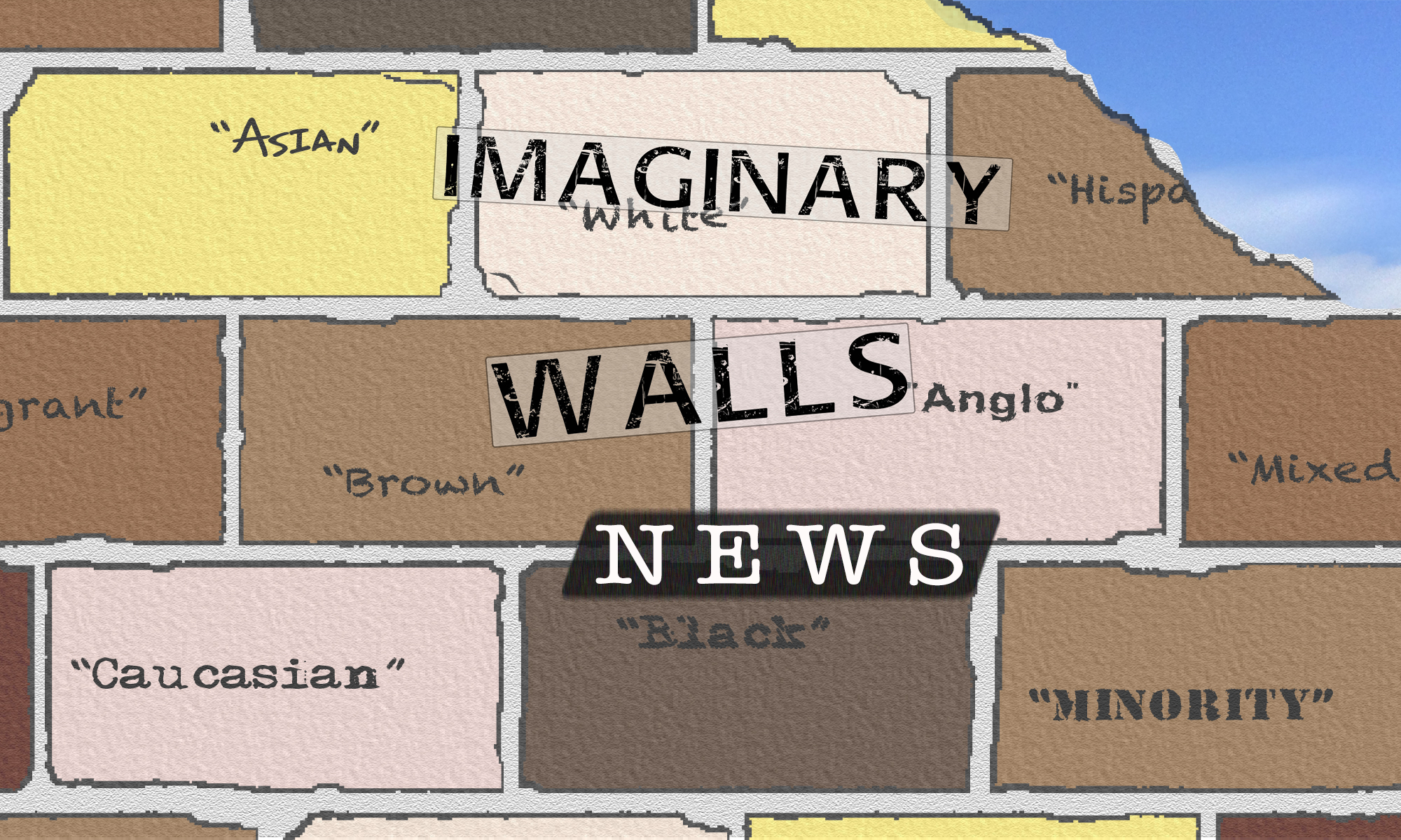 A brick wall with racialized names on it, such as "Angle," "Brown," "Hispanic"